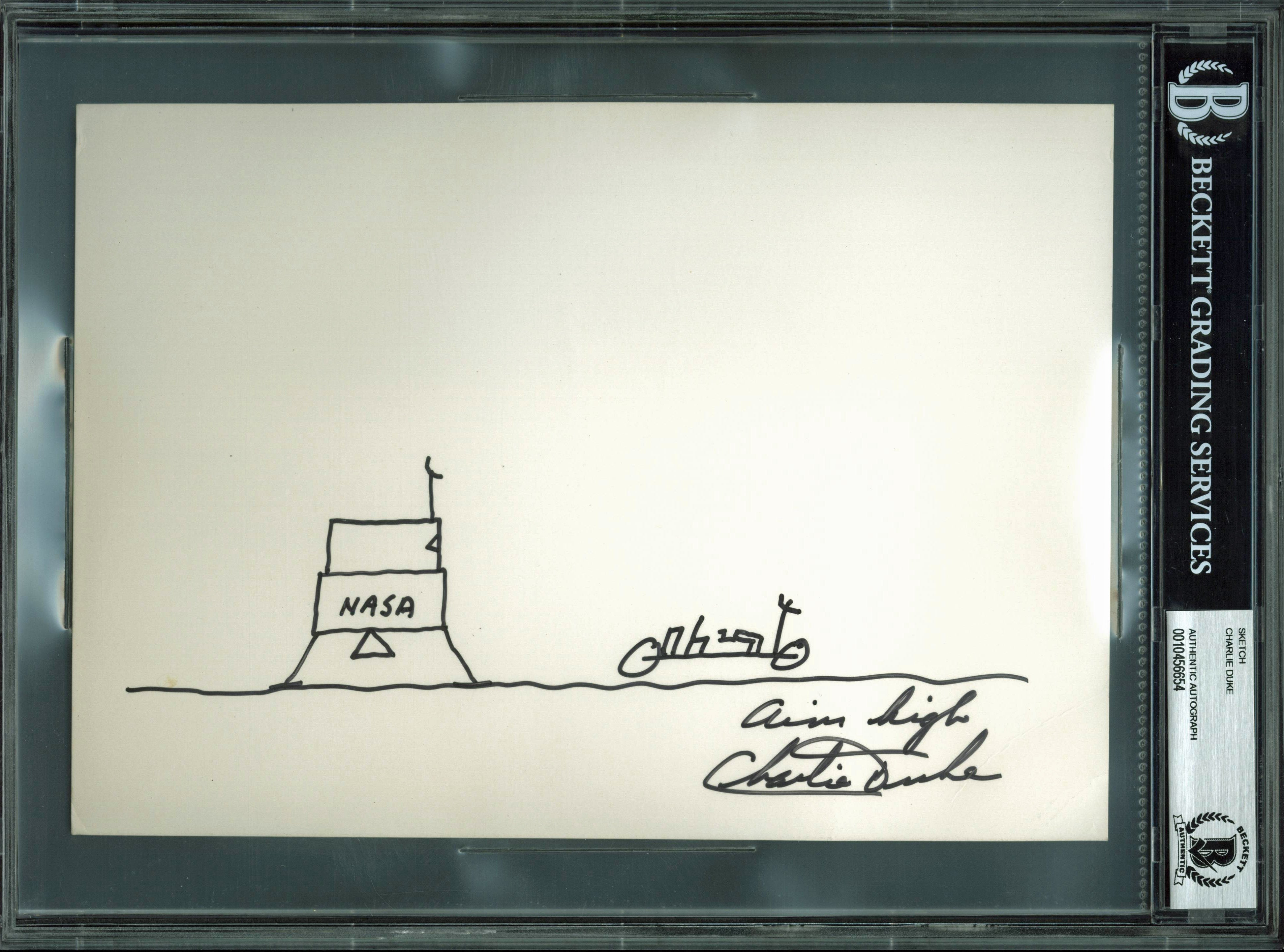 Charlie Duke Apollo 16 Authentic Signed 7.5x10.5 Lunar Sketch BAS Slabbed