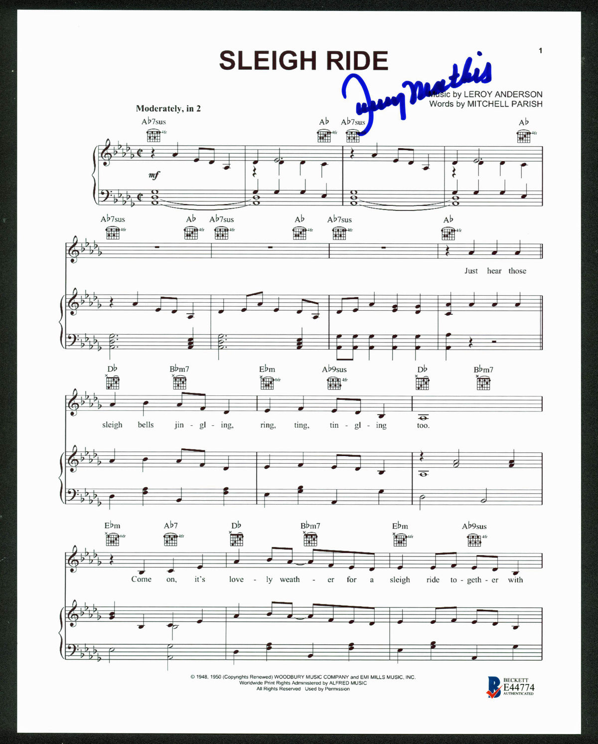 Johnny Mathis Authentic Signed Sleigh Ride 8.5x11 Music Sheet Photo BAS #E44774