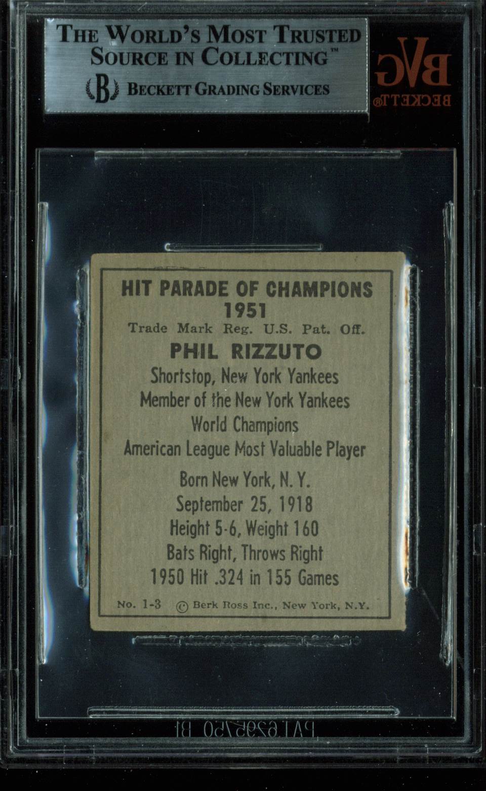 Yankees Phil Rizzuto Authentic Signed 1951 Berk Ross #1-3 Auto Card BAS Slabbed