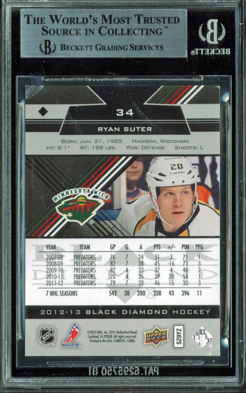 Wild Ryan Suter Authentic Signed 2013 Black Diamond #34 Auto Card BAS Slabbed 2