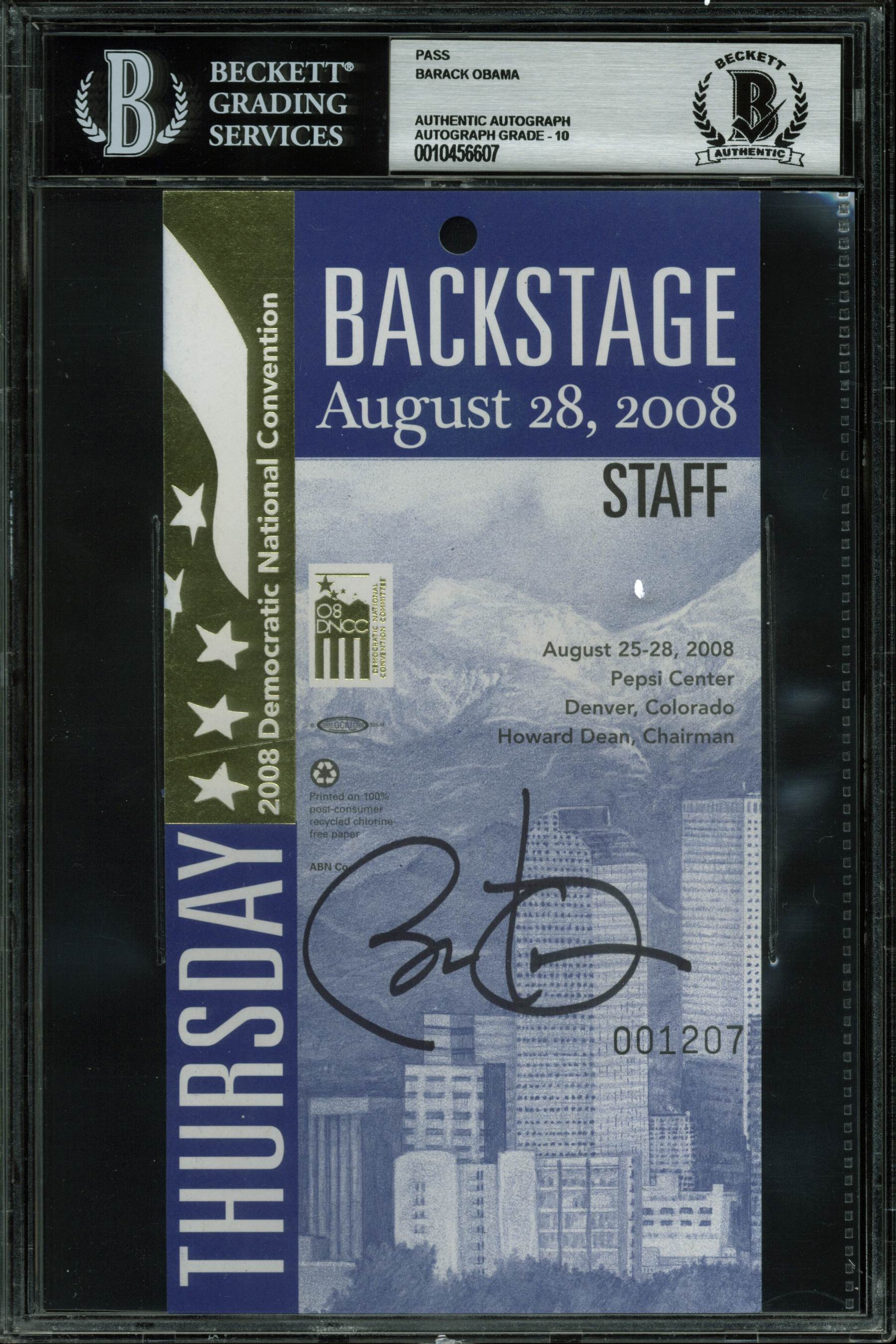 Barack Obama Signed 4x7.5 2008 DNC Backstage Pass Auto Graded Gem 10! BAS Slab