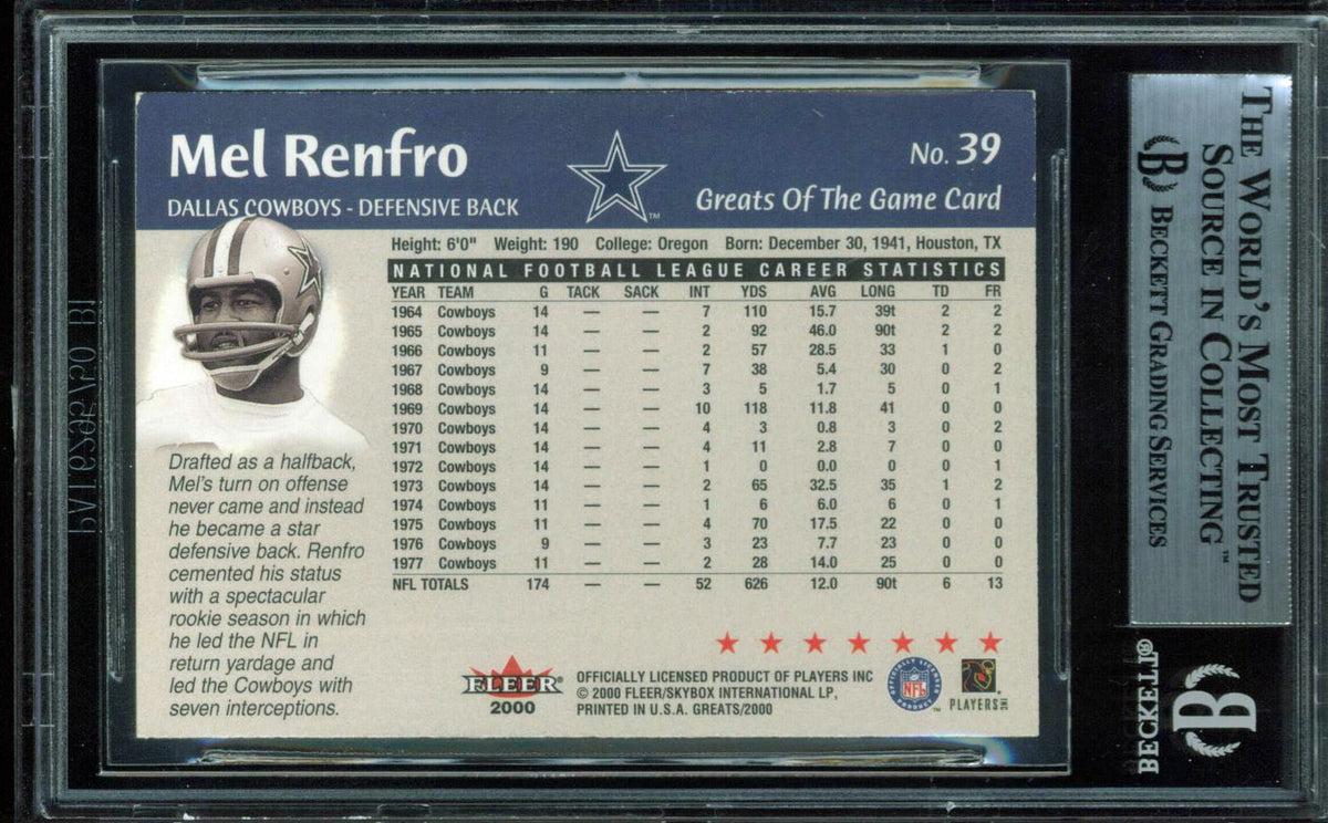 Cowboys Mel Renfro "HOF 96" Signed 2000 Greats Of The Game #39 Card BAS Slabbed
