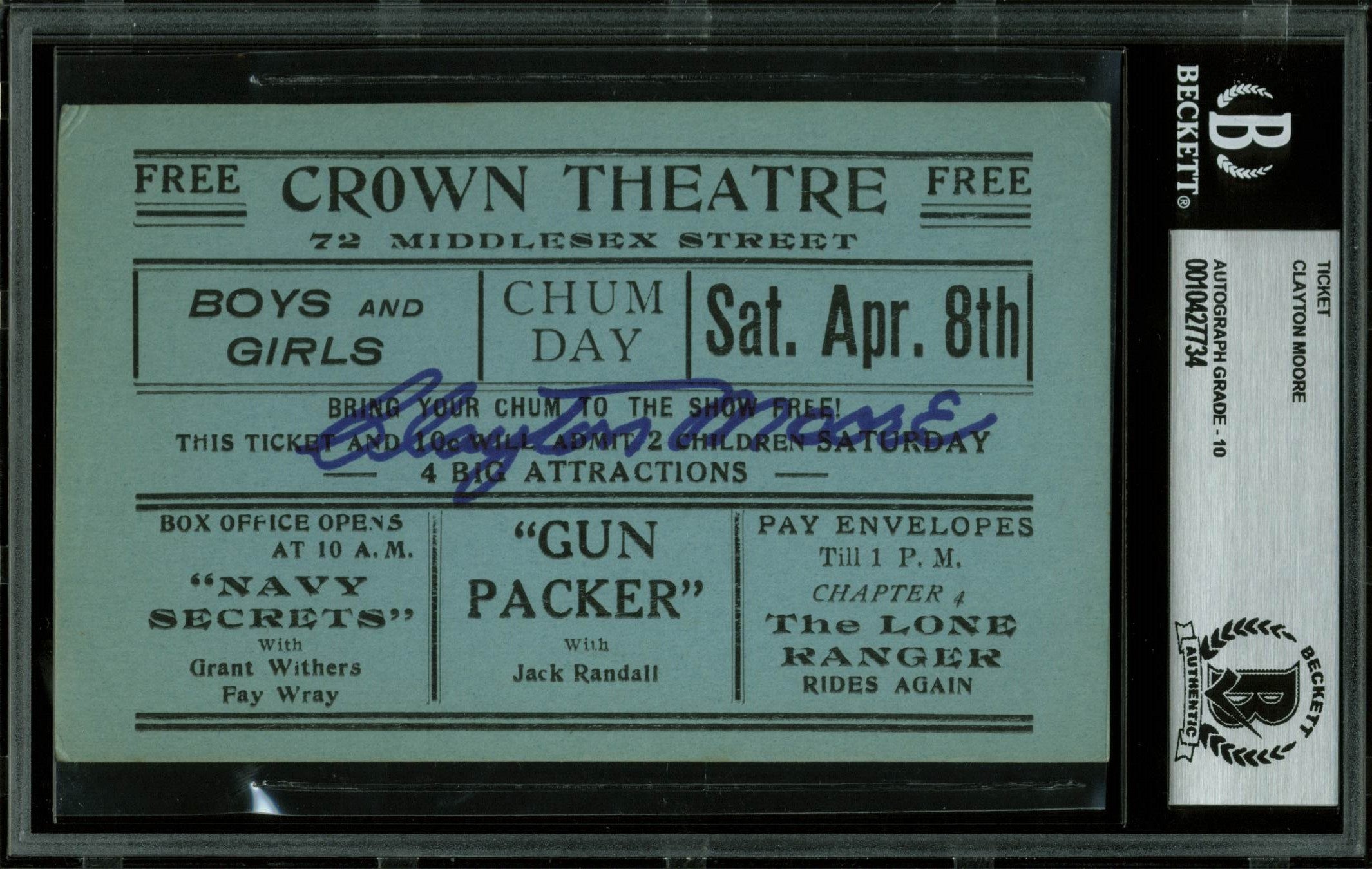 Clayton Moore The Lone Ranger Signed 3x5 Cut Signature Auto Graded 10! BAS Slab