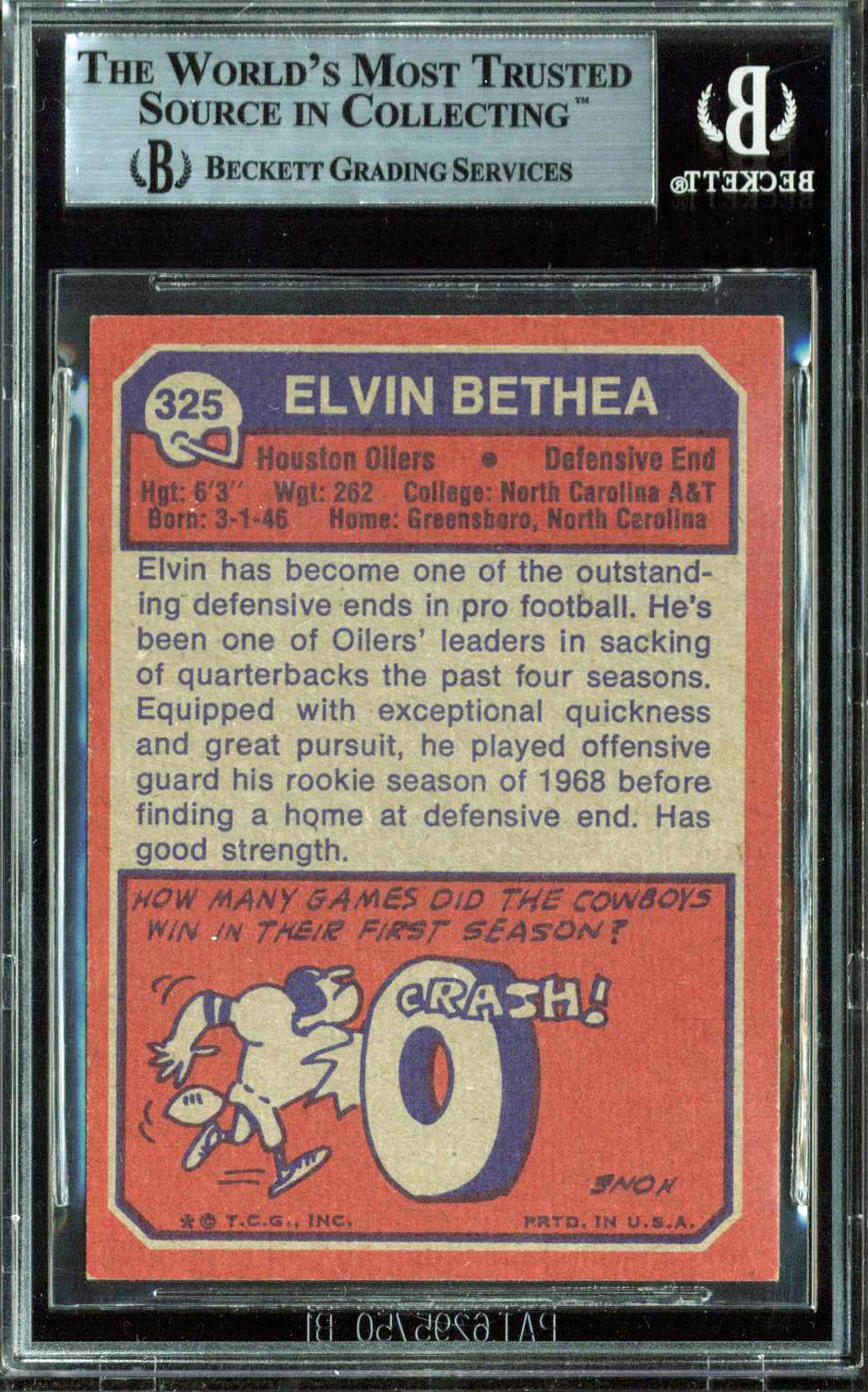 Oilers Elvin Bethea Authentic Signed 1973 Topps #325 Auto Card BAS Slabbed