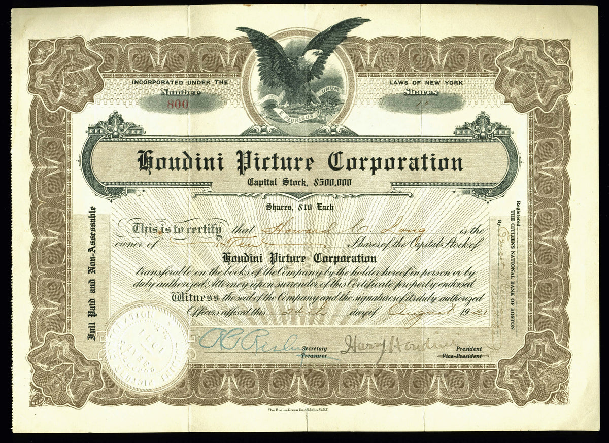 Harry Houdini Signed Houdini Picture Corporation Stock Certificate BAS #A87591