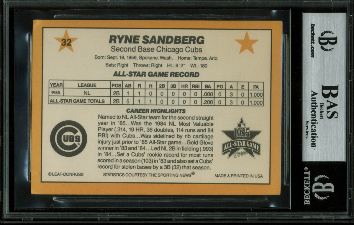 Cubs Ryne Sandberg Signed 3.5x5 1986 Donruss All-Stars #32 Auto Card BAS Slabbed