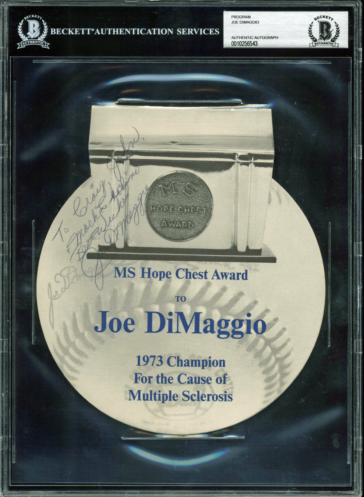 Yankees Joe DiMaggio Signed 7x8 1973 MS Hope Chest Award Program BAS Slabbed