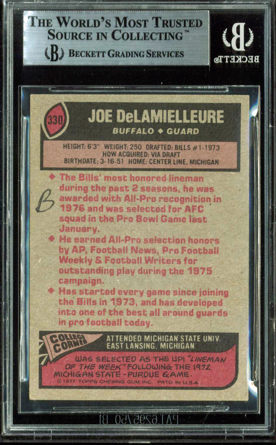 Bills Joe DeLamielleure Authentic Signed 1977 Topps #330 Auto Card BAS Slabbed