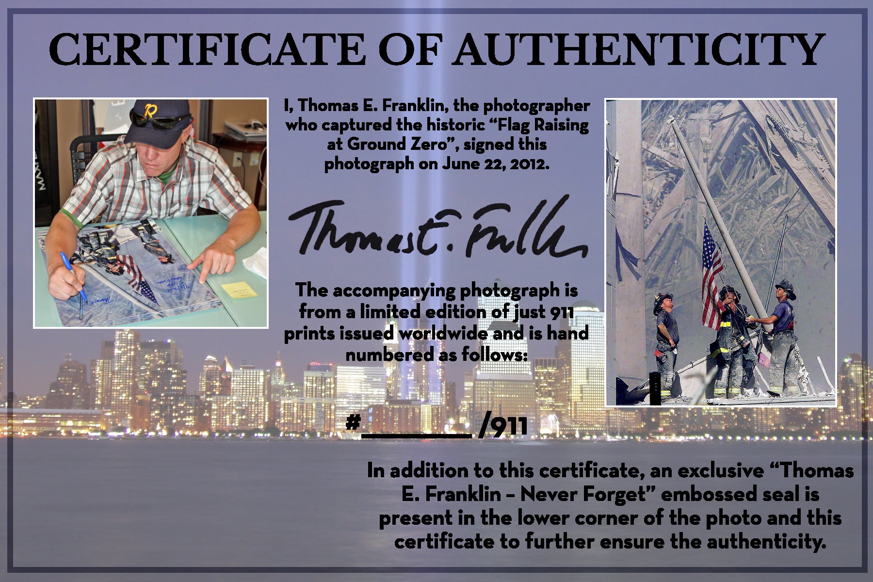 9/11 Photo - 3 Firefighters Raising Flag Signed By Thomas E. Franklin PSA/DNA