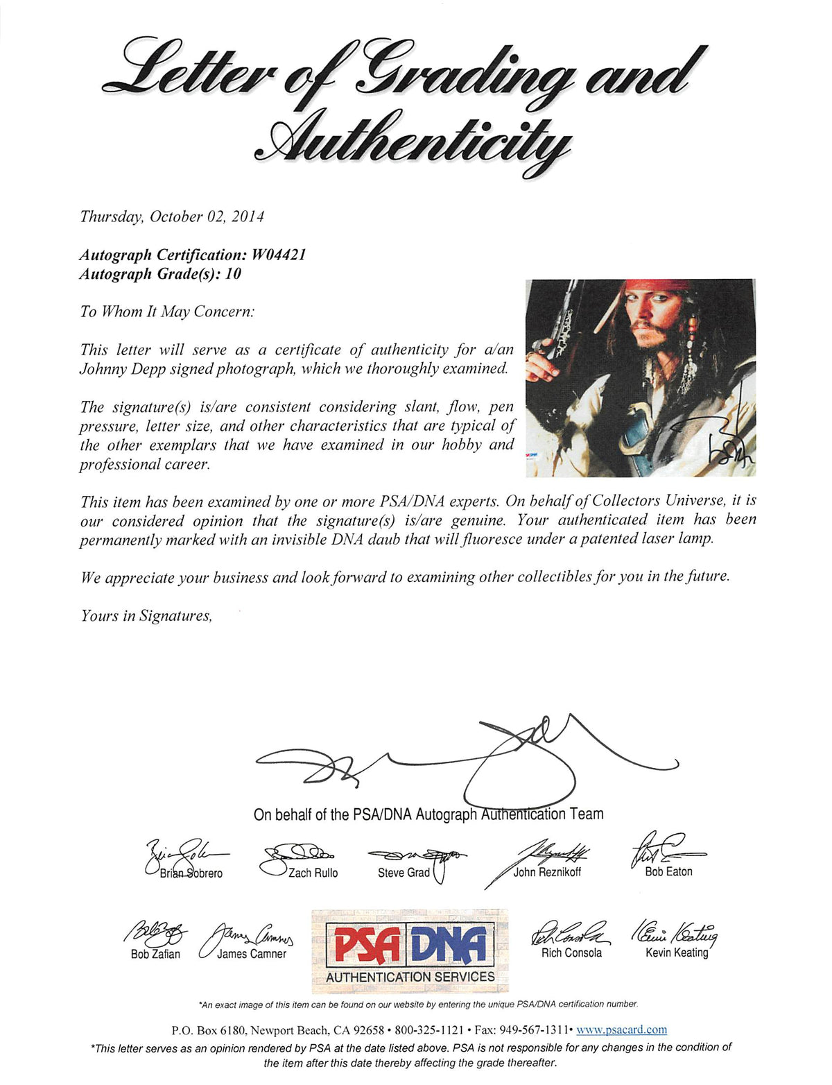 Johnny Depp Pirates Of The Caribbean Signed 11x14 Photo Auto 10! PSA/DNA #W04421