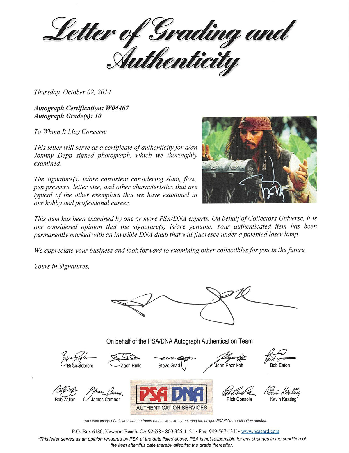 Johnny Depp Pirates Of The Caribbean Signed 11x14 Photo Graded 10! PSA #W04467