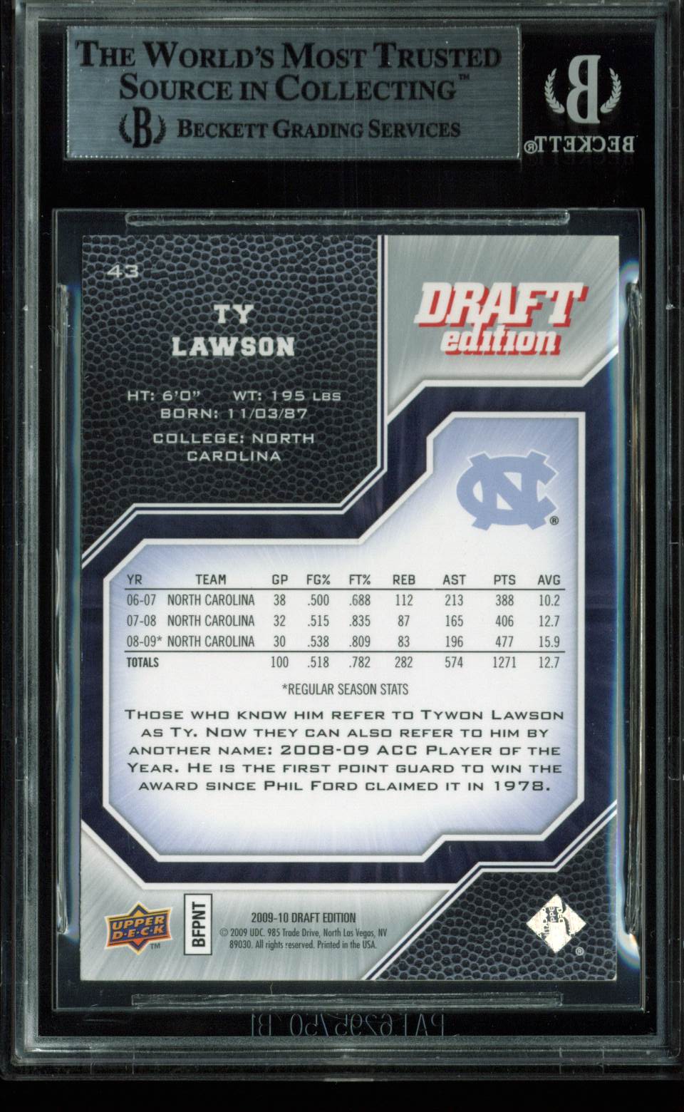 Nuggets Ty Lawson Authentic Signed Card 2009 UD Draft Edition RC #43 BAS Slabbed
