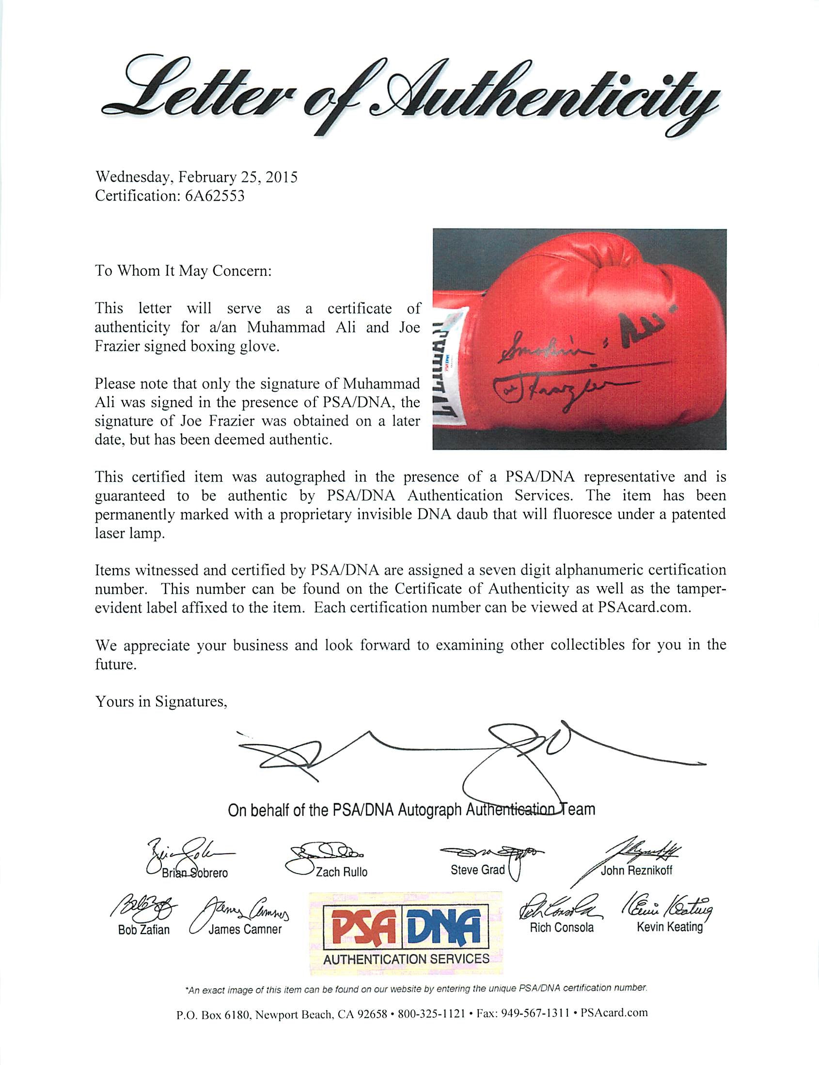 Muhammad Ali & "Smokin" Joe Frazier Authentic Signed Boxing Glove PSA #6A62553