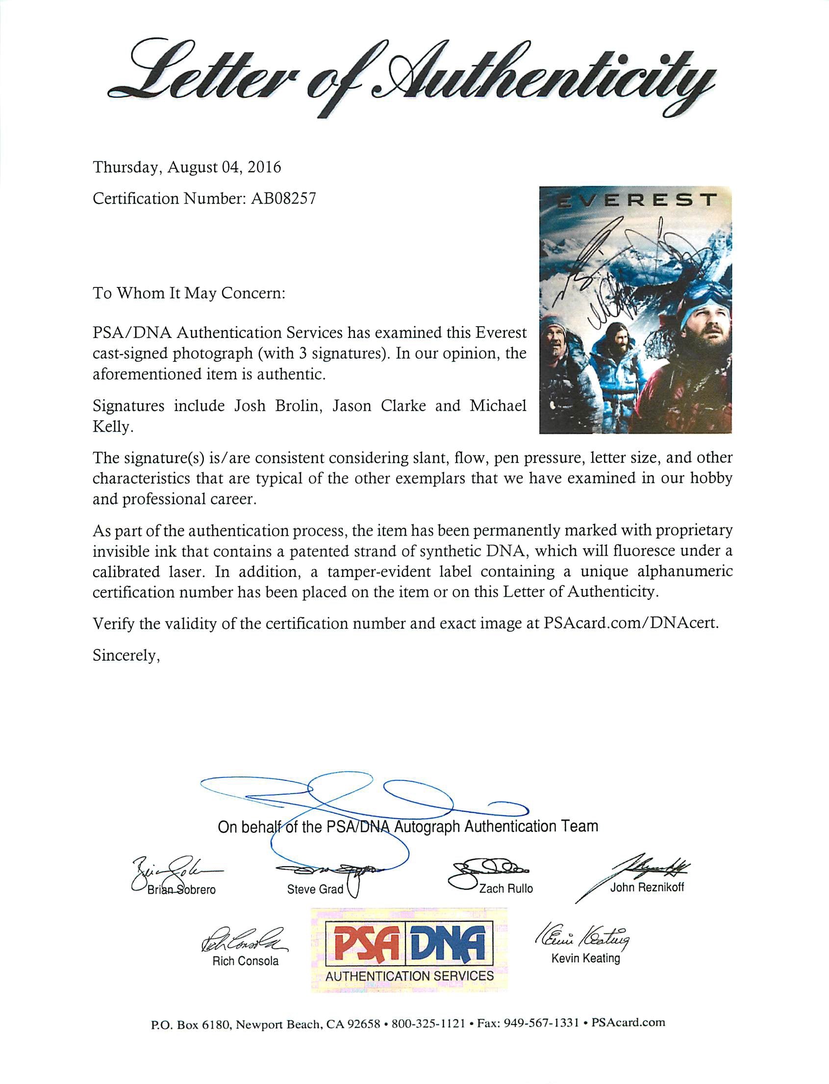 Everest (Josh Brolin, Jason Clarke Michael Kelly) Signed 11X14 Photo PSA AB08257