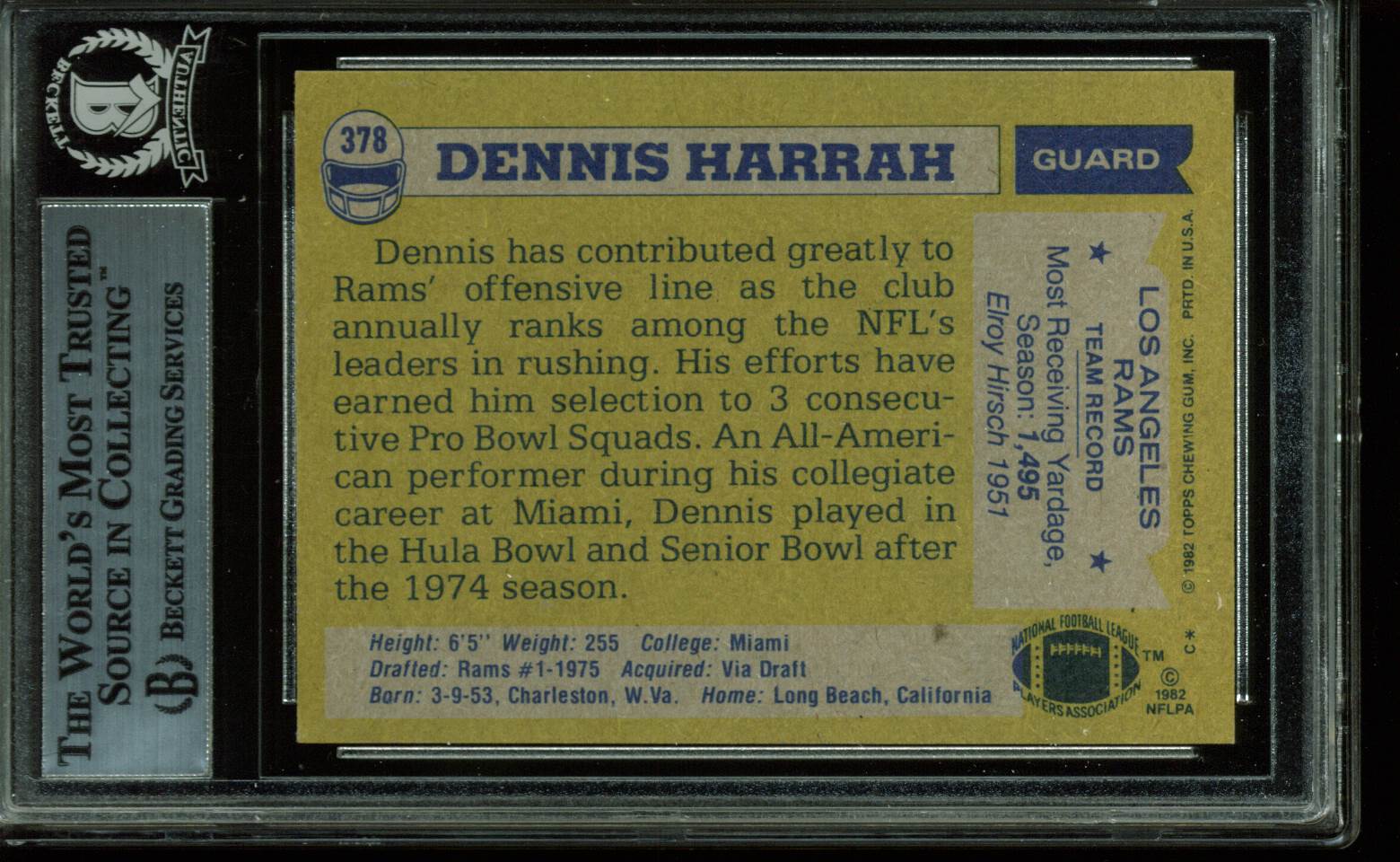 Rams Dennis Harrah Authentic Signed Card 1982 Topps #378 Autographed BAS Slabbed