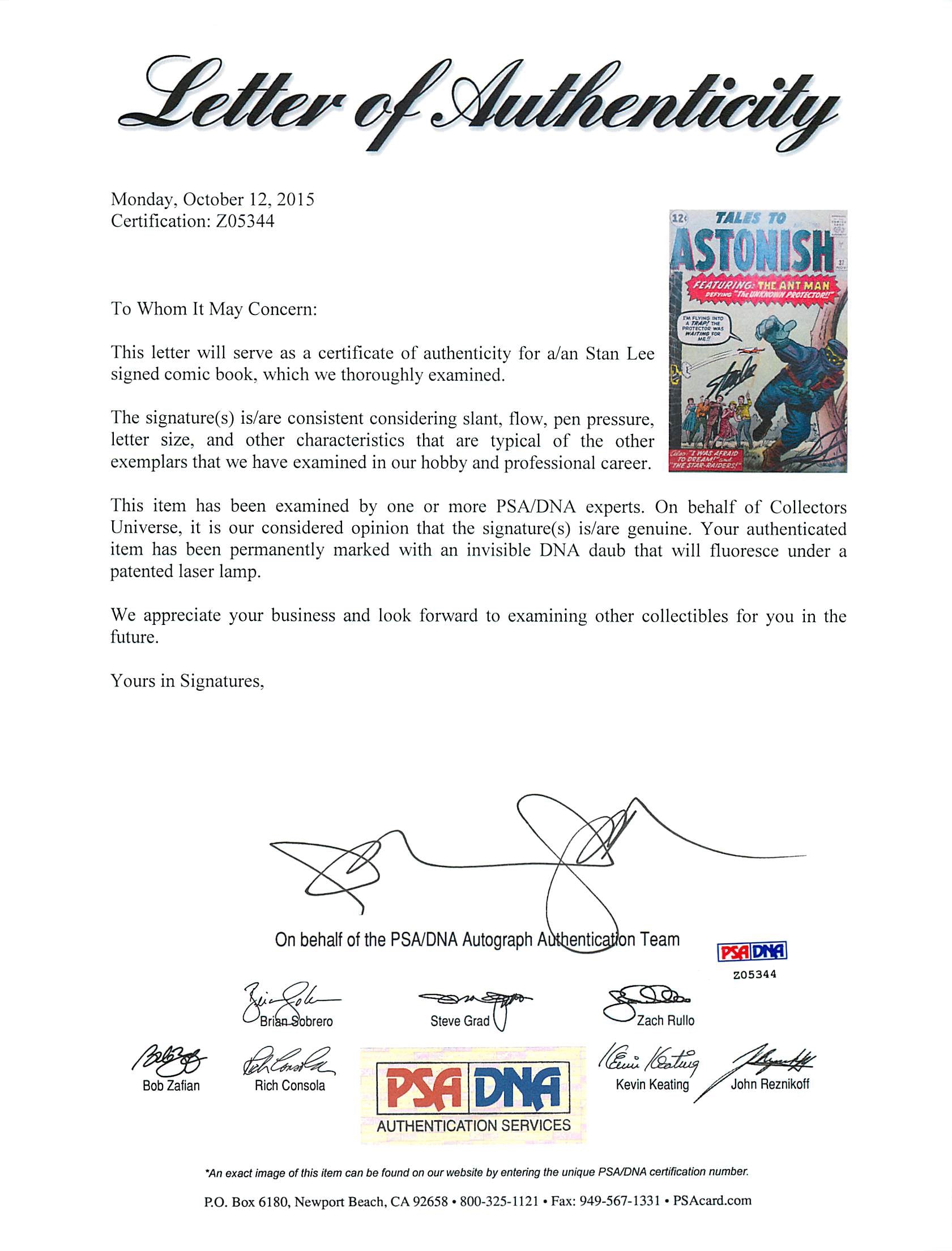 Stan Lee Authentic Signed Tales To Astonish #37 Comic Book PSA/DNA #Z05344