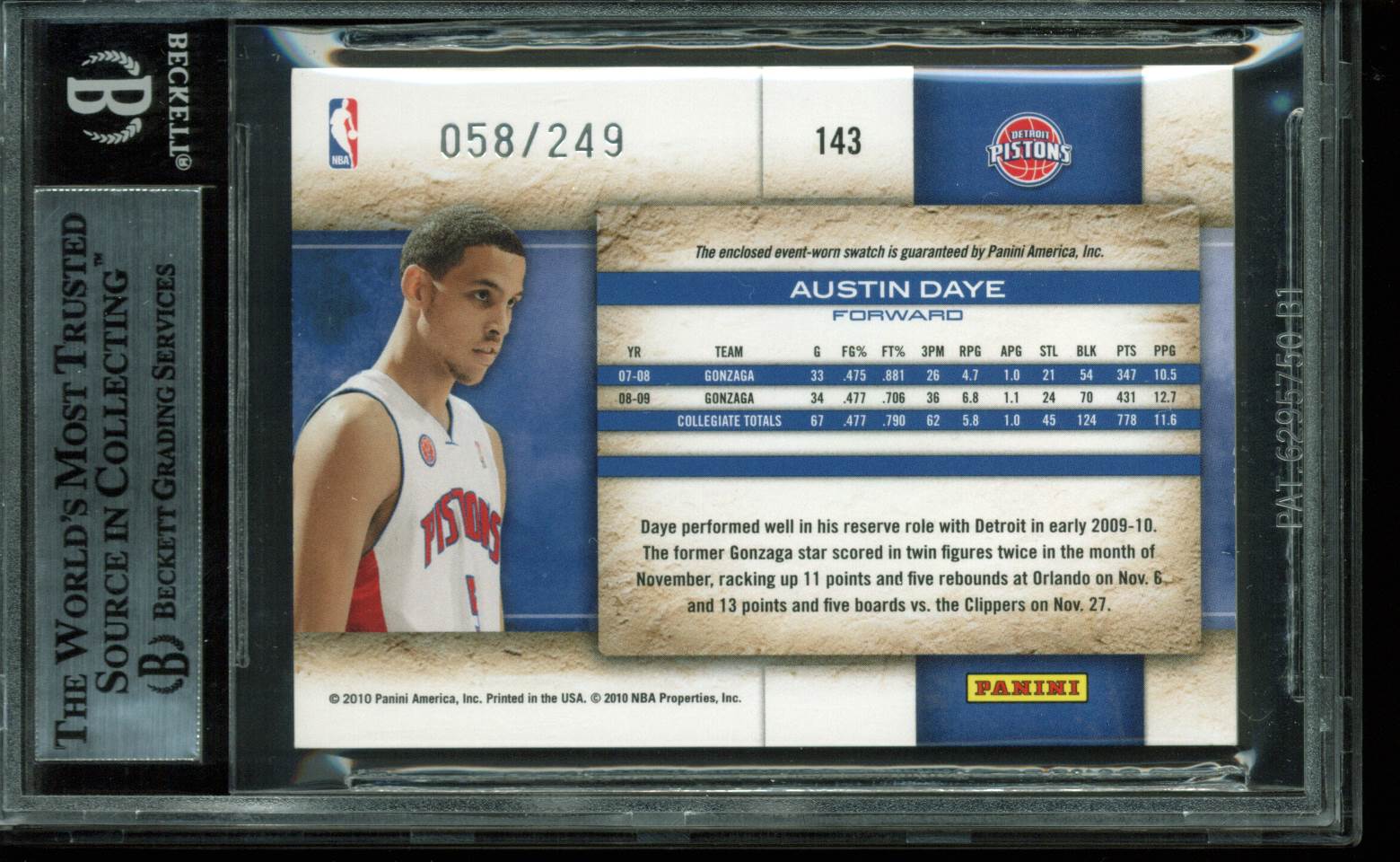 Pistons Austin Daye Signed Card 2009 Studio Materials RC #143 58/249 BAS Slabbed