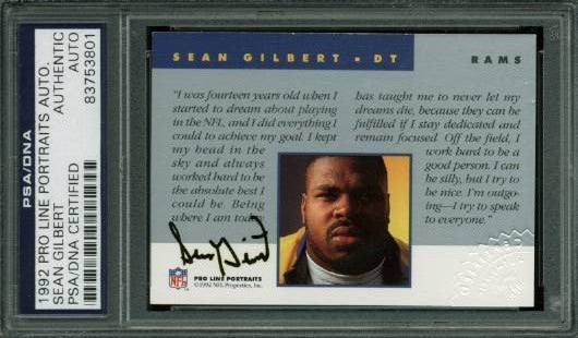 Rams Sean Gilbert Signed Card 1992 Pro Line Portraits Auto. PSA/DNA Slabbed