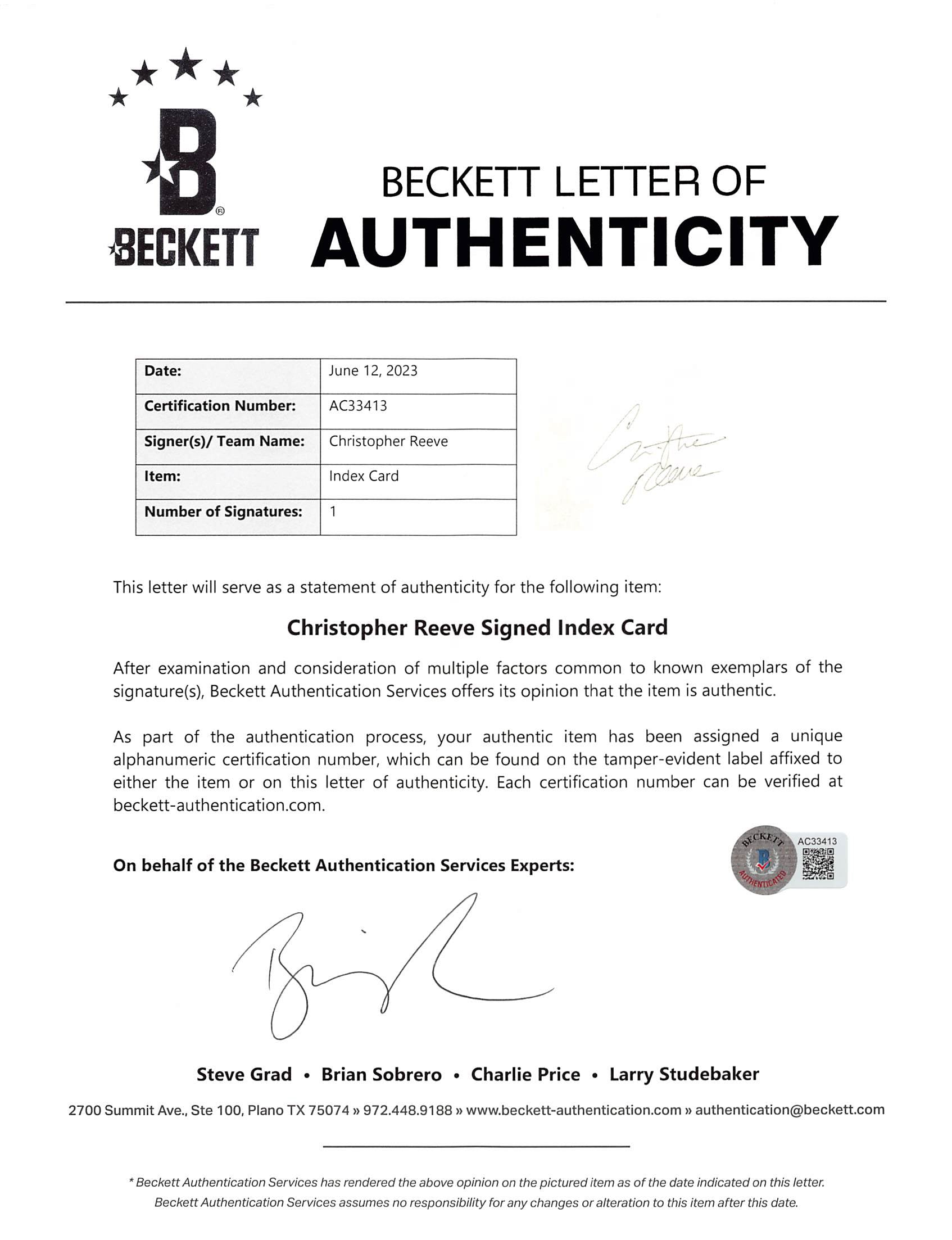 Christopher Reeve Superman Authentic Signed & Framed 3x5 Index Card BAS #AC33413