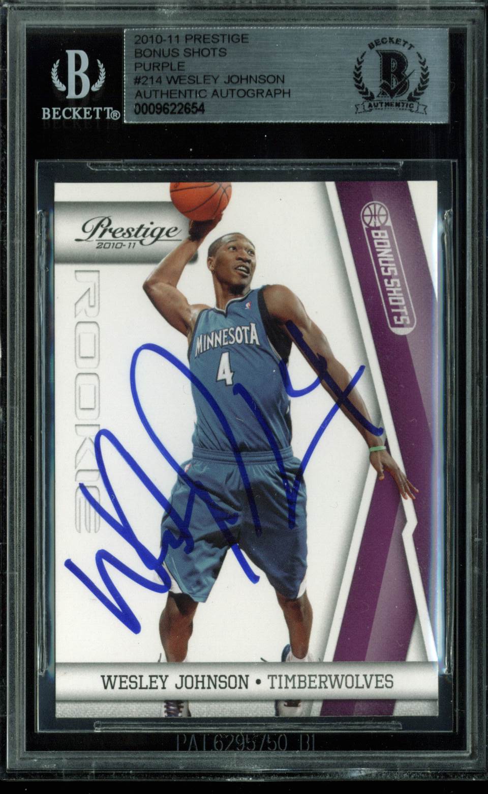 Wesley Johnson Signed Card 2010 Prestige Bonus Shots Purple RC #214 BAS Slabbed