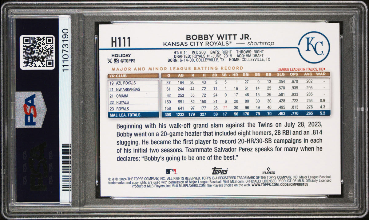 Royals Bobby Witt Jr. Signed 2024 Topps Holiday #H111 Card 10! Auto 10! PSA Slab