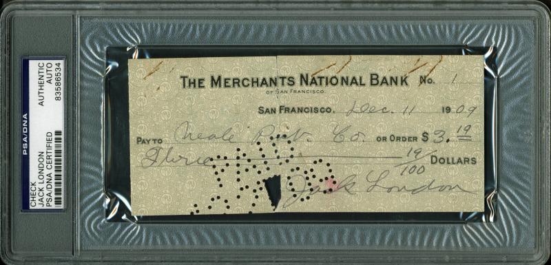 Jack London Authentic Signed 2.75X6.25 Dec. 11 1909 Check PSA/DNA Slabbed