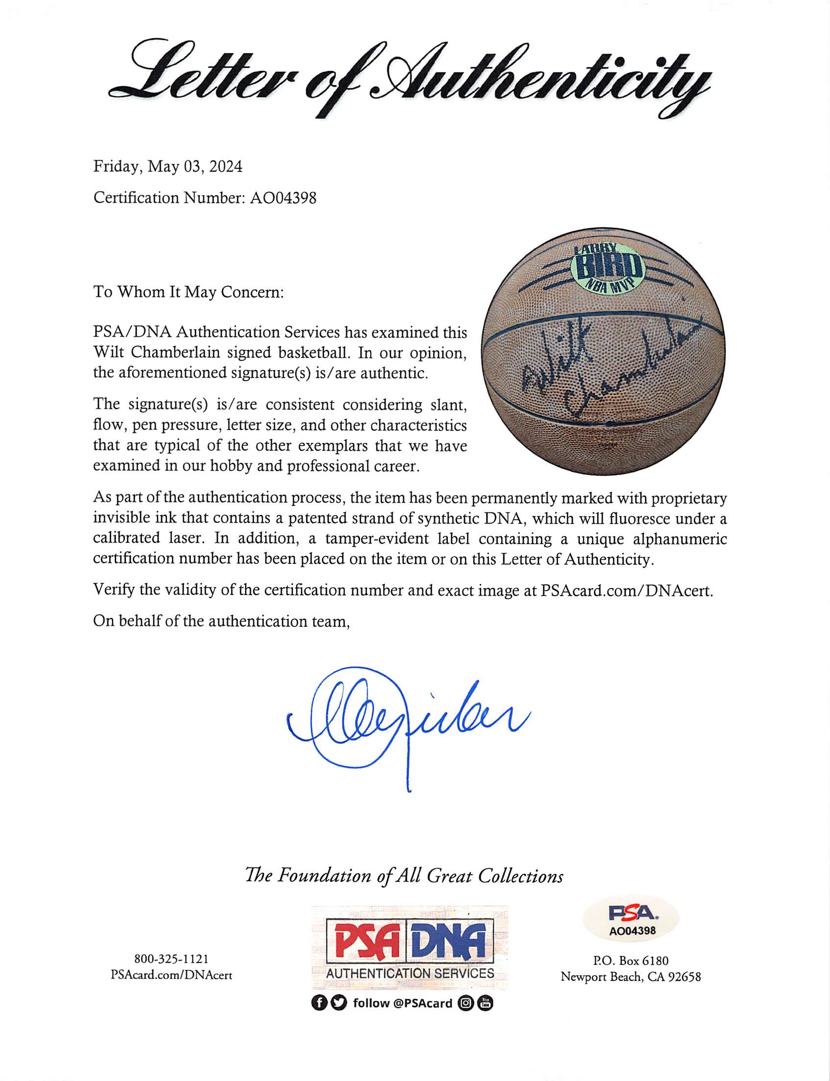 Lakers Wilt Chamberlain Authentic Signed Spalding Basketball PSA/DNA #AO04398
