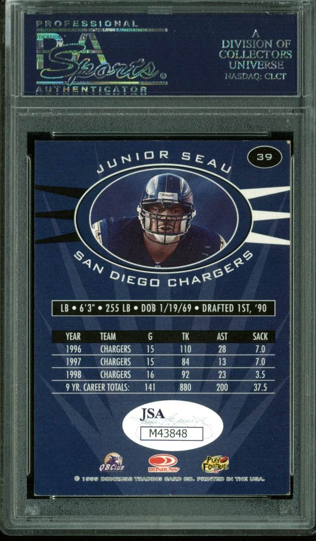 Chargers Junior Seau Authentic Signed Card 1999 Donruss Preferred PSA Slabbed