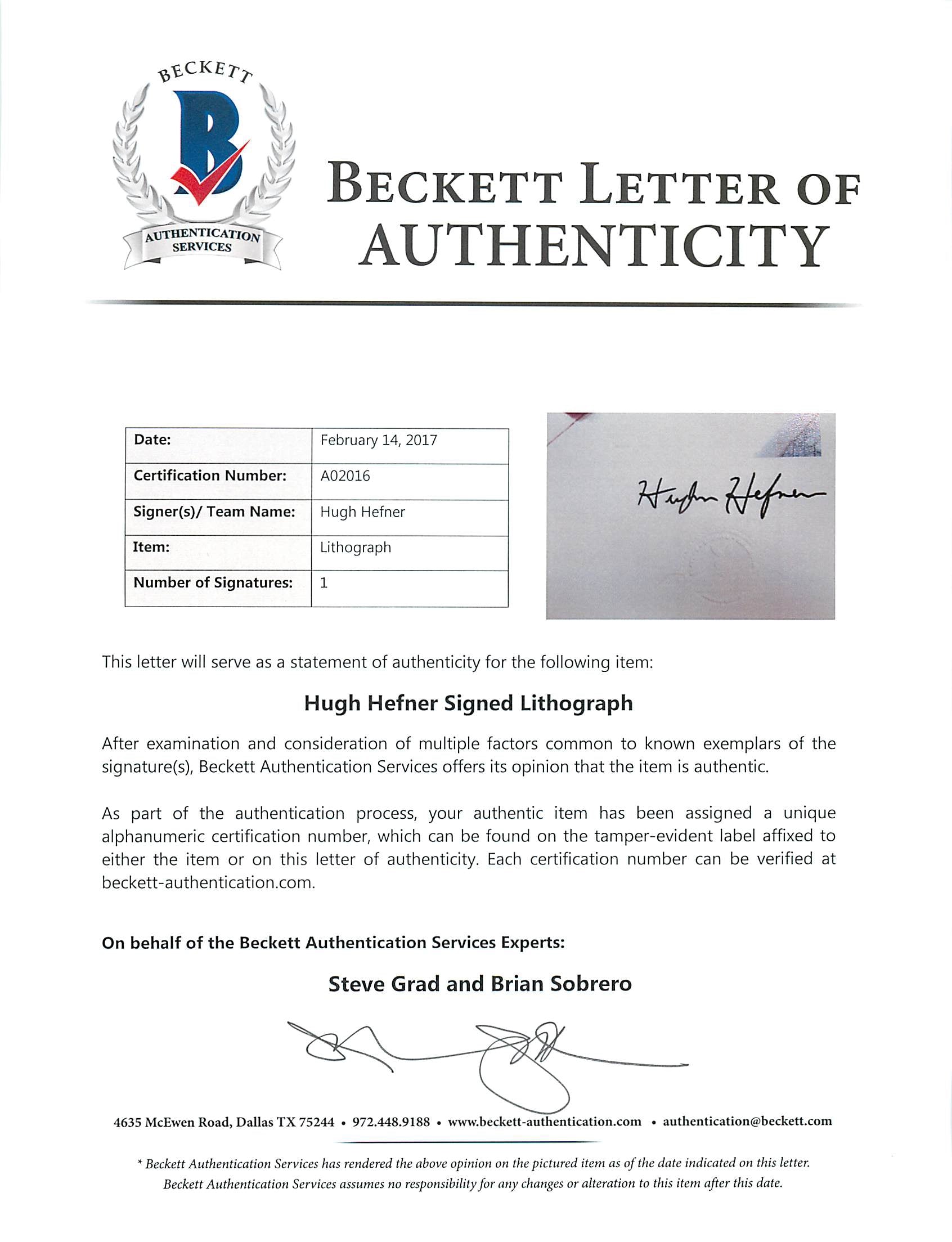 Hugh Hefner Authentic Signed 16.5x20 Playboy Artist Print Photo BAS #A02016