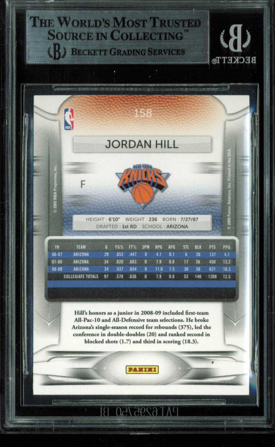 Knicks Jordan Hill Authentic Signed Card 2009 Prestige RC #158 BAS Slabbed