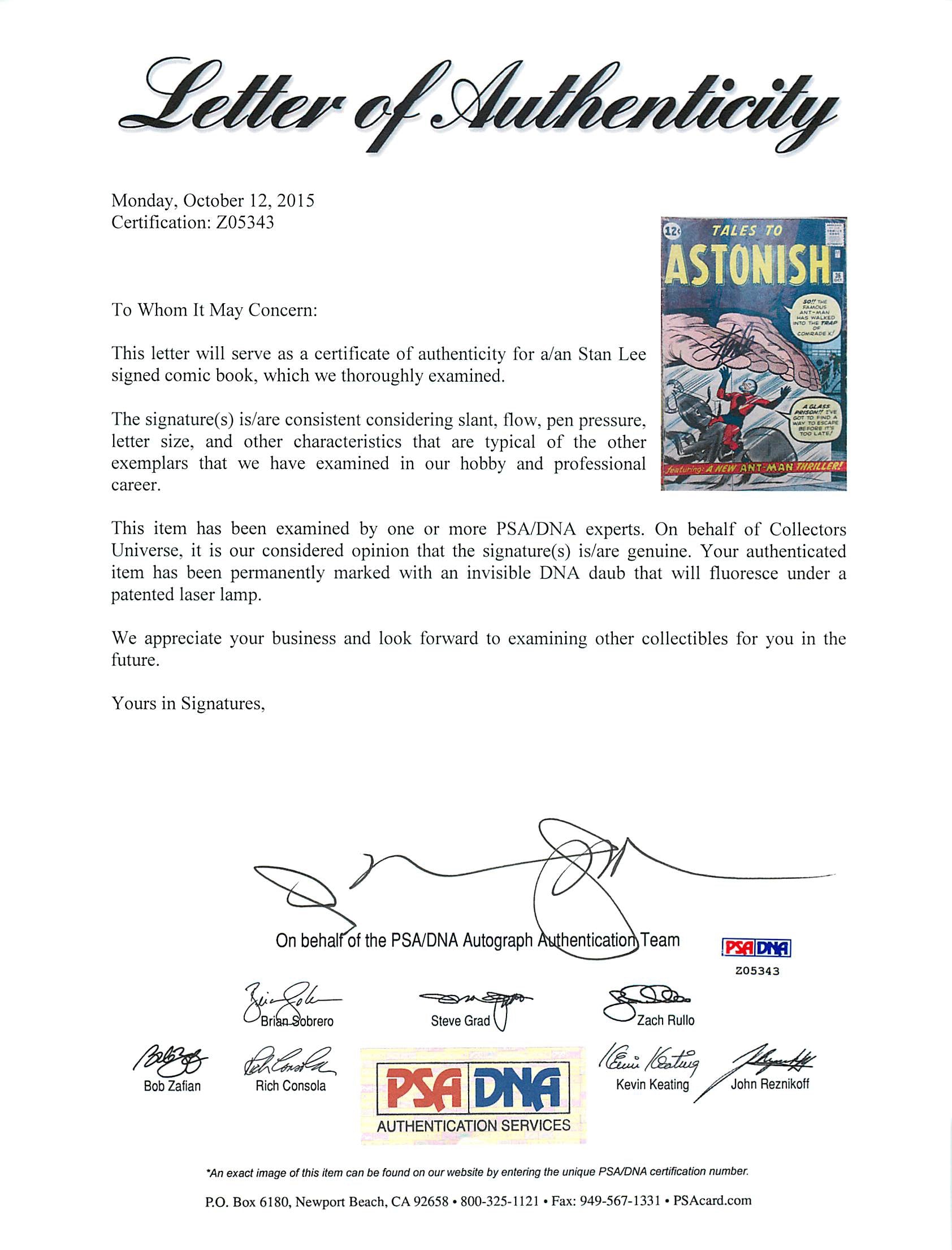 Stan Lee Authentic Signed Tales To Astonish #36 Comic Book PSA/DNA #Z05343