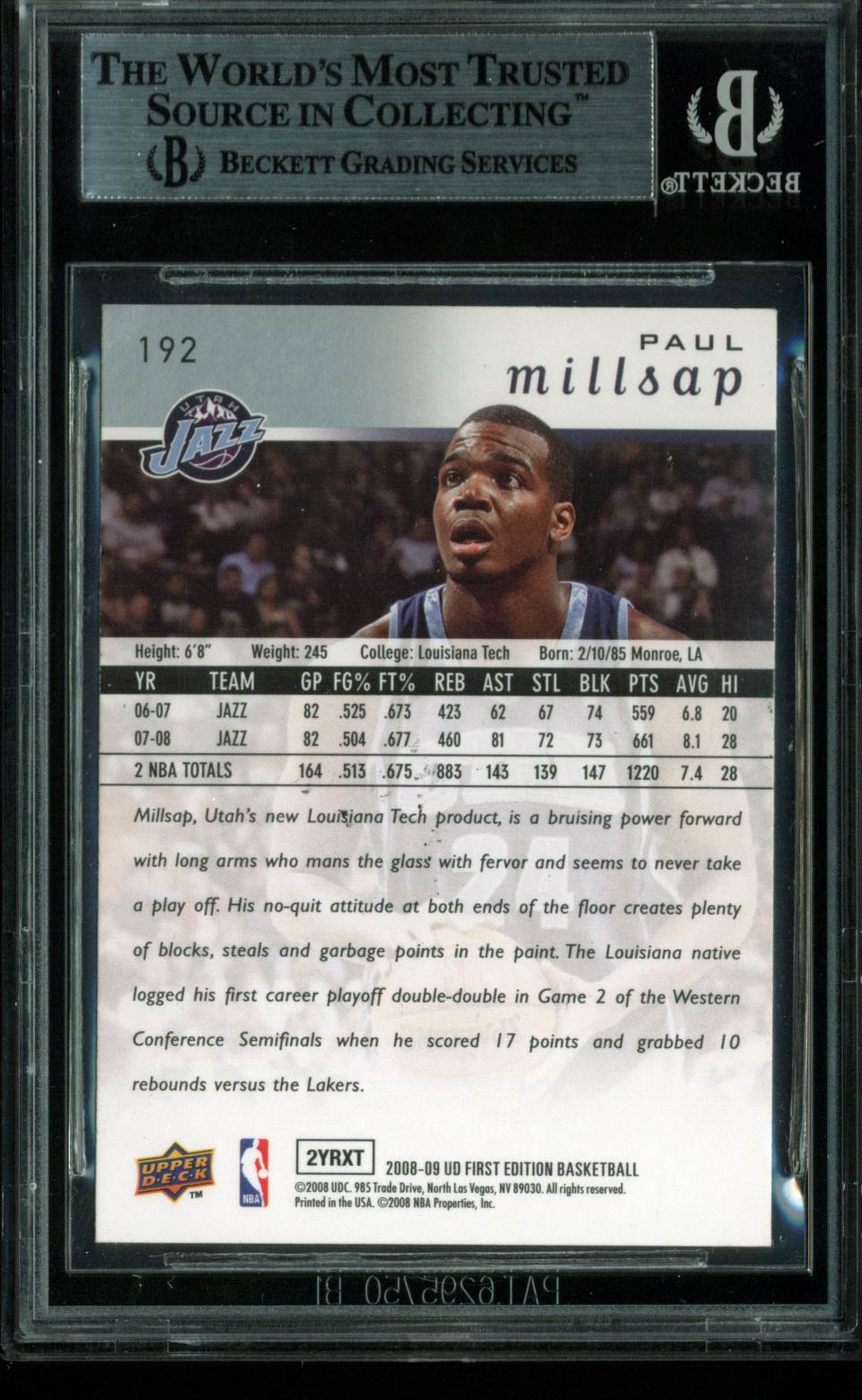 Jazz Paul Millsap Authentic Signed Card 2008 UD First Edition #192 BAS Slabbed