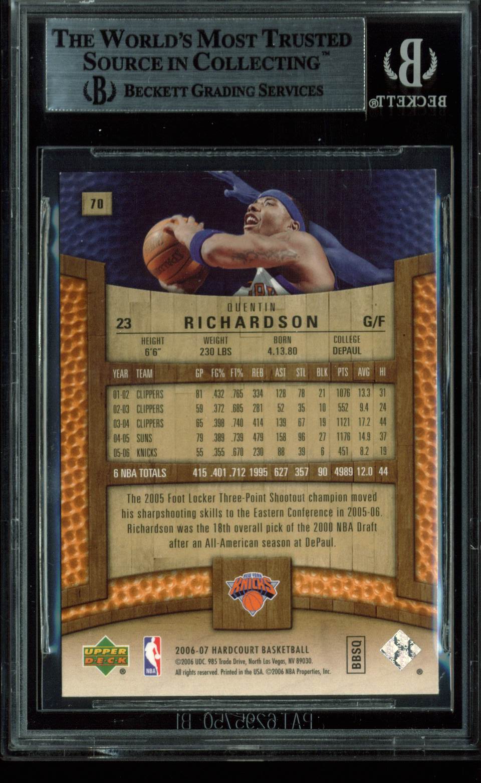 Knicks Quenton Richardson Signed Card 2006 UD Hardcourt #70 BAS Slabbed