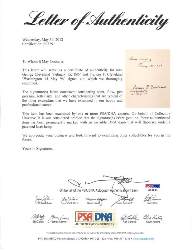 President Grover & Frances Cleveland Signed Authentic 5X8 Cut PSA/DNA #S03291