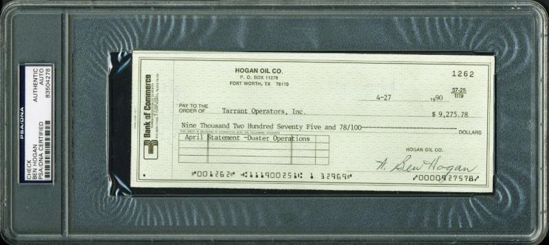 Ben Hogan Authentic Signed 3X8.25 April 1990 Check Autographed PSA/DNA Slabbed