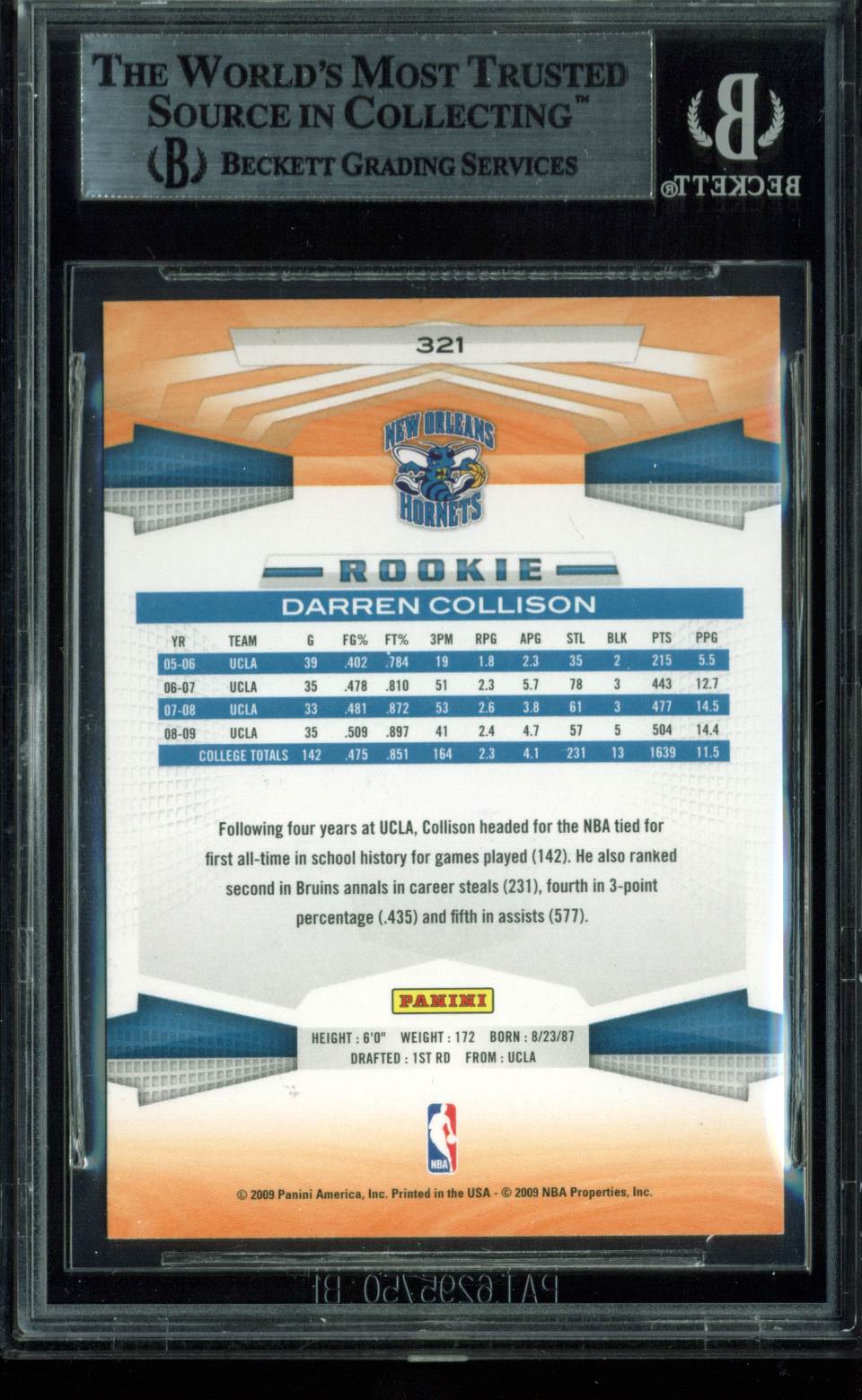 Hornets Darren Collison Authentic Signed Card 2009 Panini RC #321 BAS Slabbed