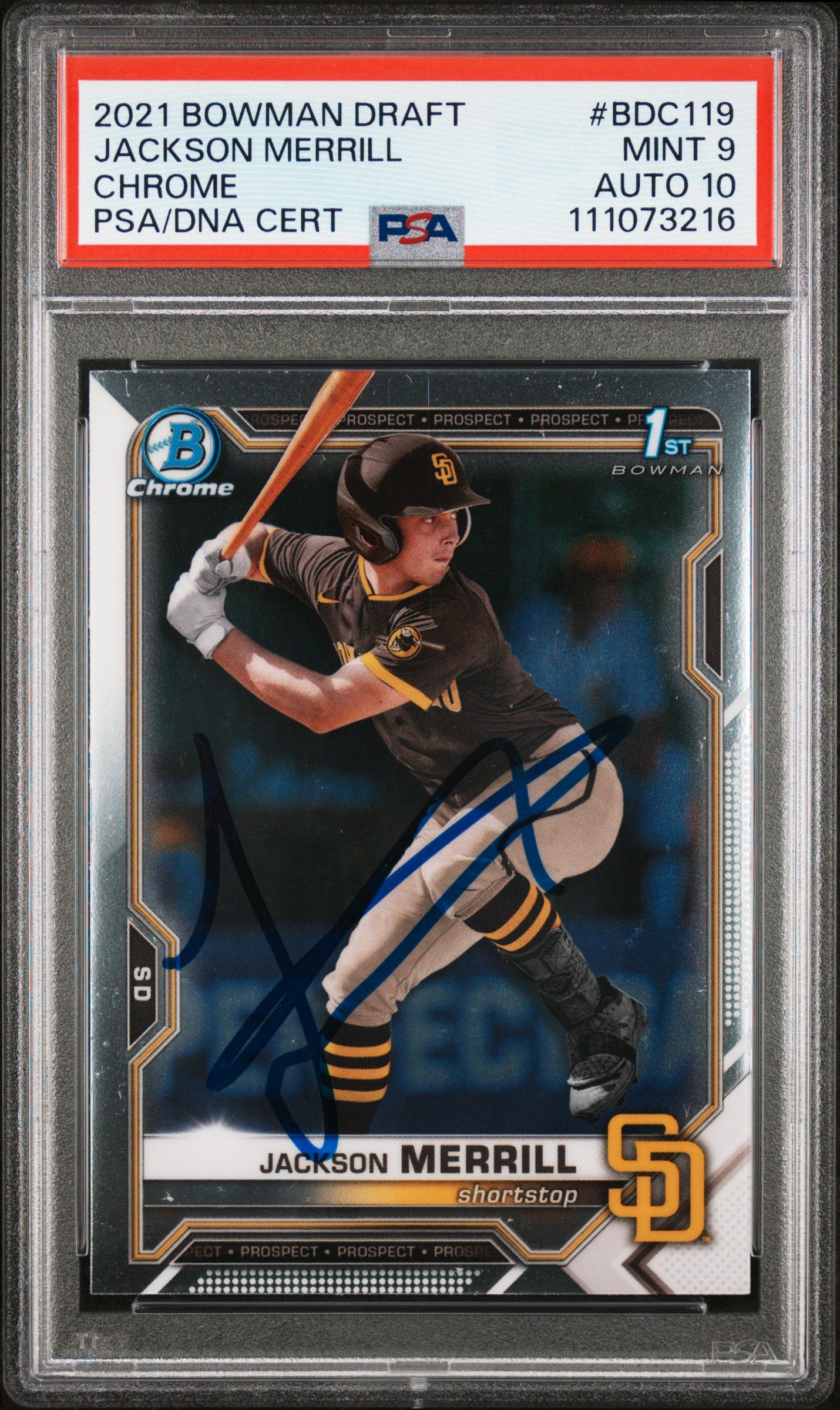 Jackson Merrill Signed 2021 Bowman Chrome #BDC119 RC Card 9 Auto 10! PSA Slabbed
