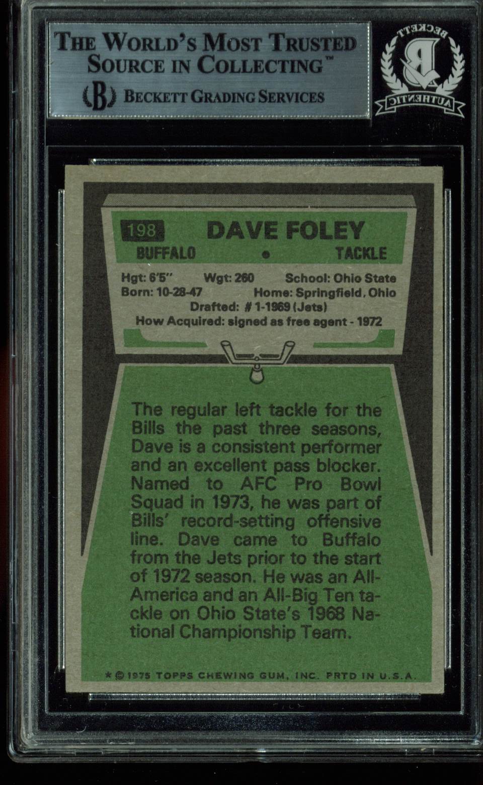 Bills Dave Foley Authentic Signed Card 1975 Topps #198 Autographed BAS Slabbed