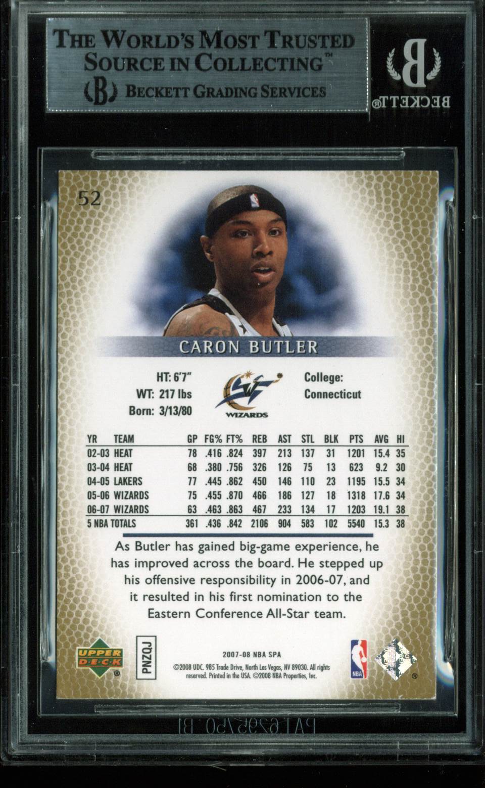 Wizards Caron Butler Authentic Signed Card 2007 SP Authentic #52 BAS Slabbed