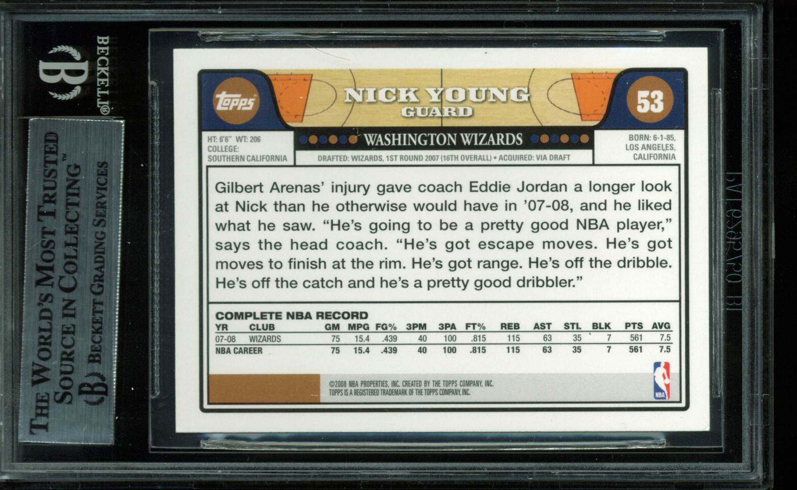 Wizards Nick Young Authentic Signed Card 2008 Topps #53 BAS Slabbed