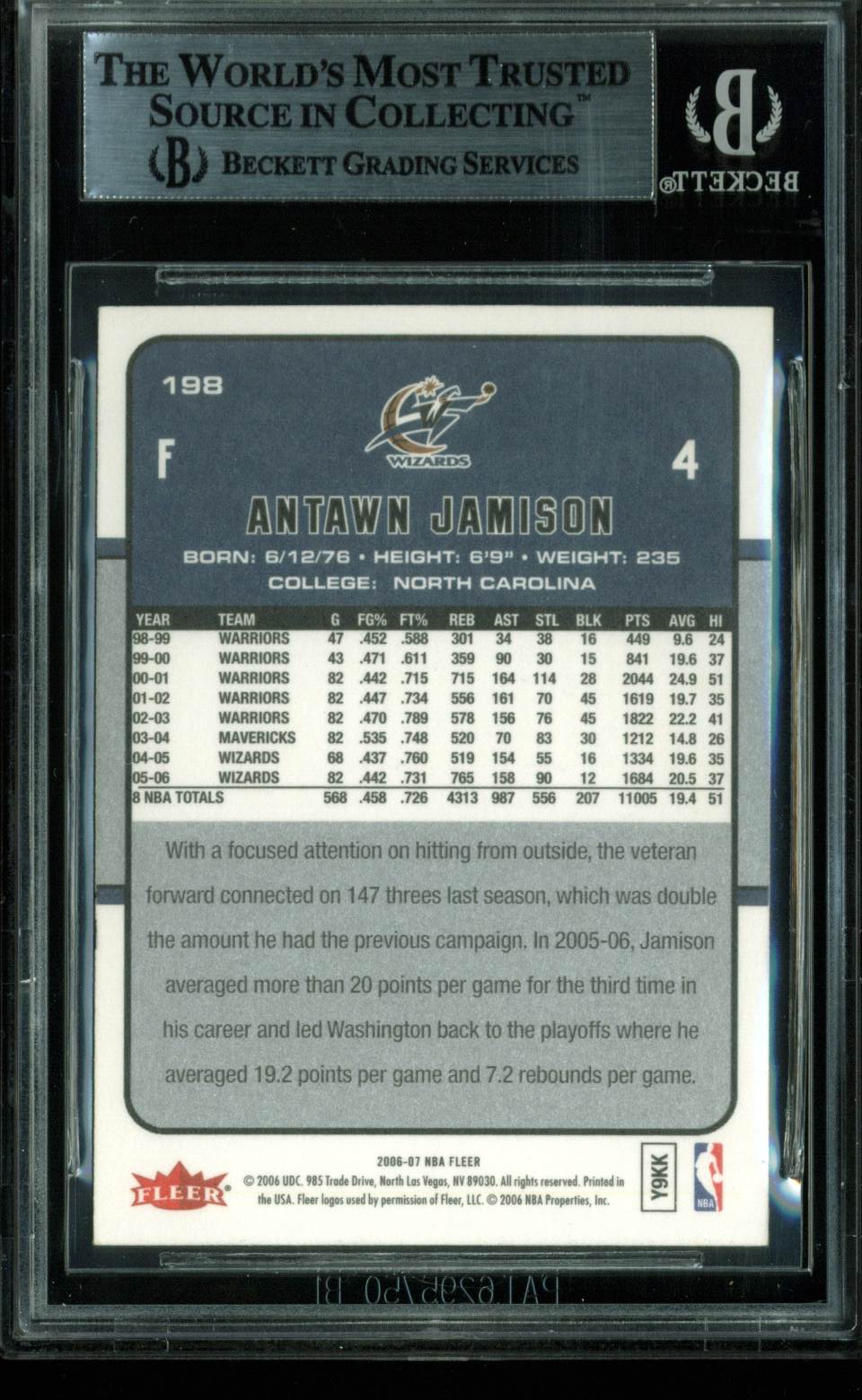 Wizards Antawn Jamison Authentic Signed Card 2006 Fleer #198 BAS Slabbed