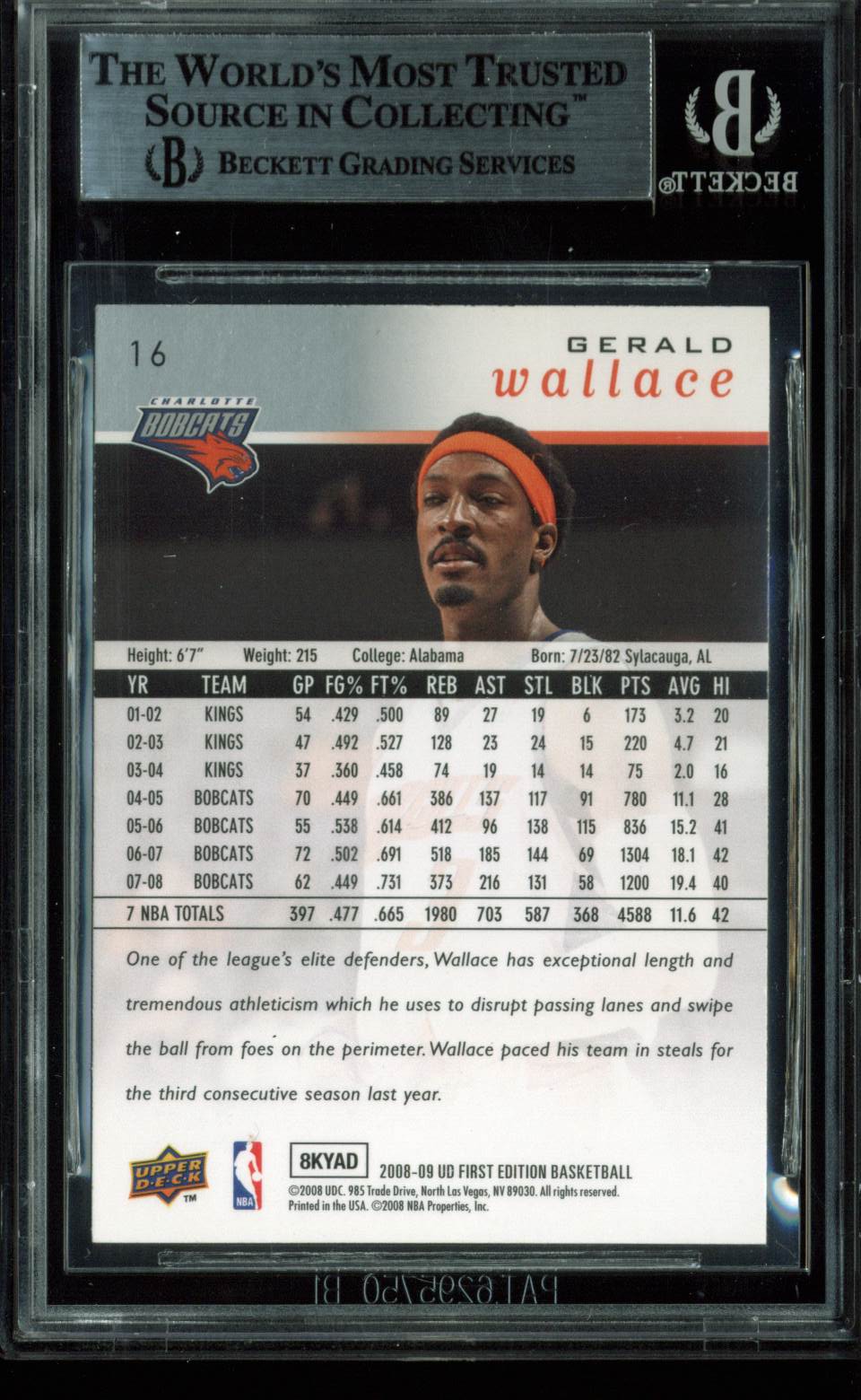 Bobcats Gerald Wallace Signed Card 2008 UD First Edition #16 BAS Slabbed