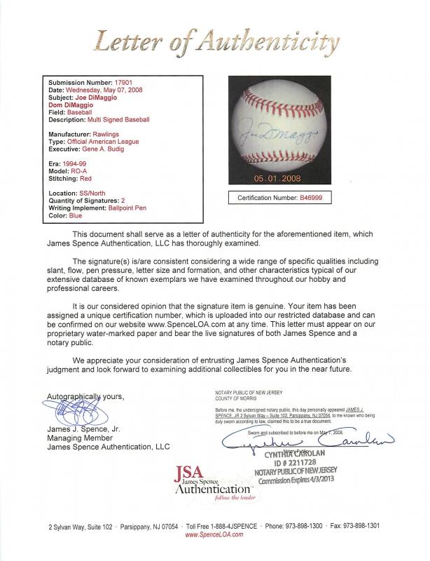 Joe Dimaggio & Dom Dimaggio Signed Authentic Oal Baseball PSA/DNA #B46999