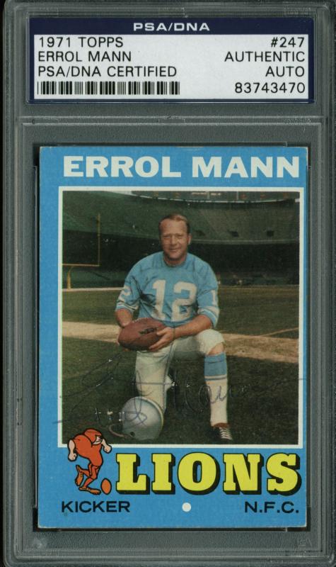 Lions Errol Mann Authentic Signed Card 1971 Topps #247 PSA/DNA Slabbed