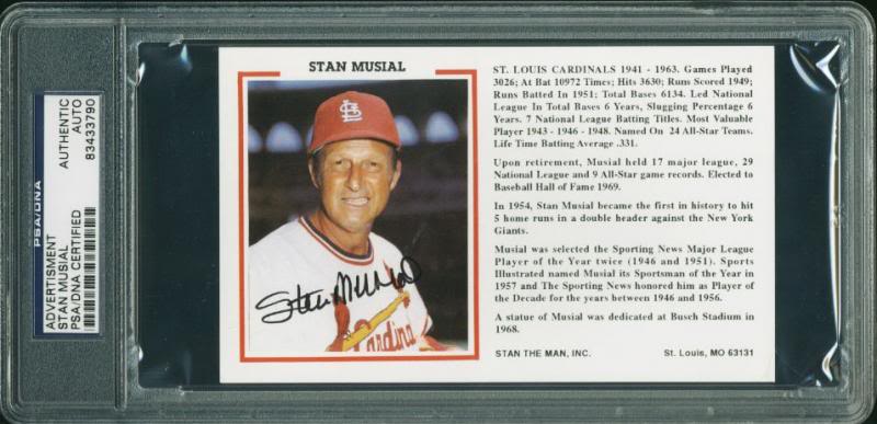 Cardinals Stan Musial Authentic Signed 3.75X6 Advertisement PSA/DNA Slabbed