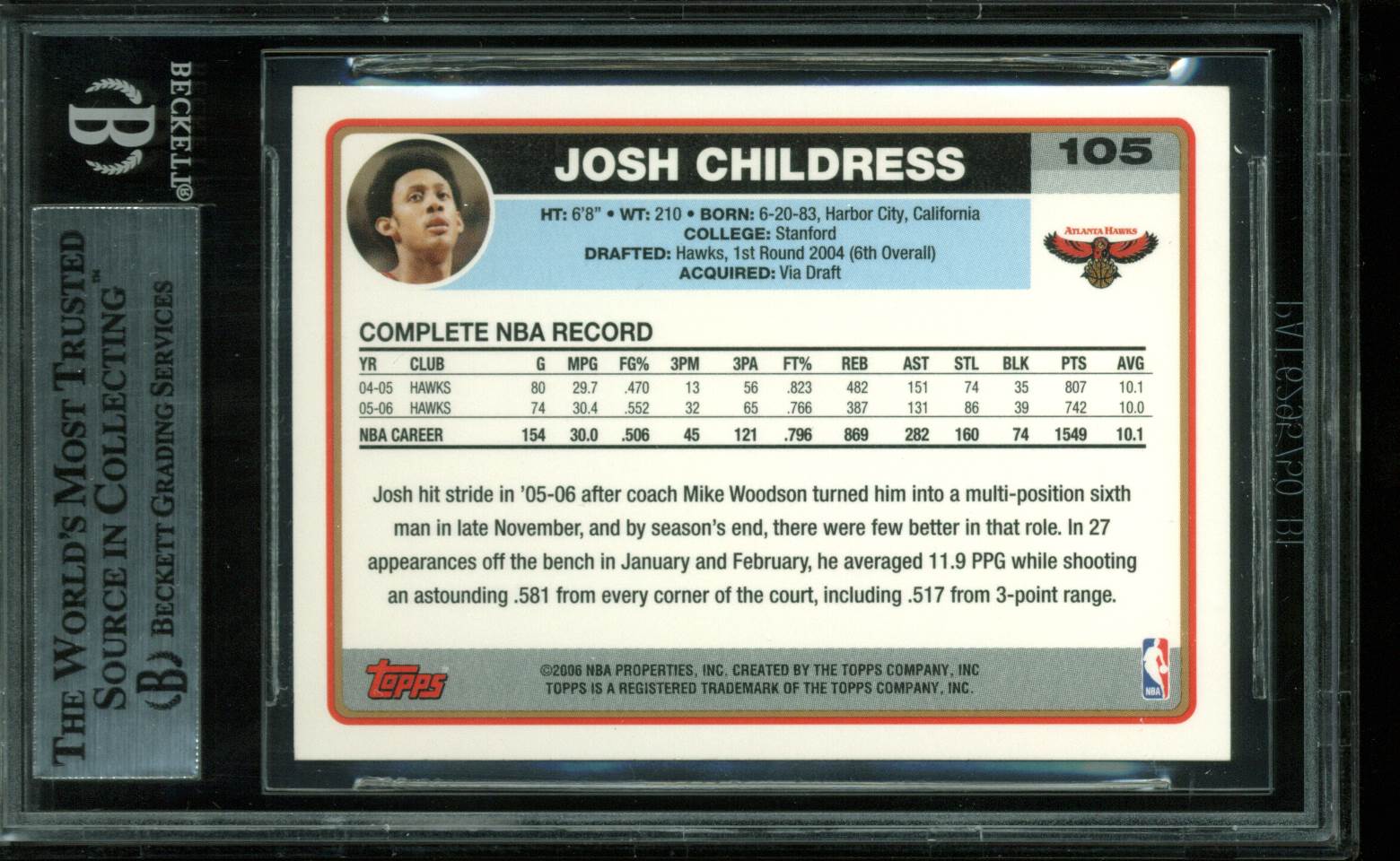 Hawks Josh Childress Authentic Signed Card 2006 Topps #105 BAS Slabbed