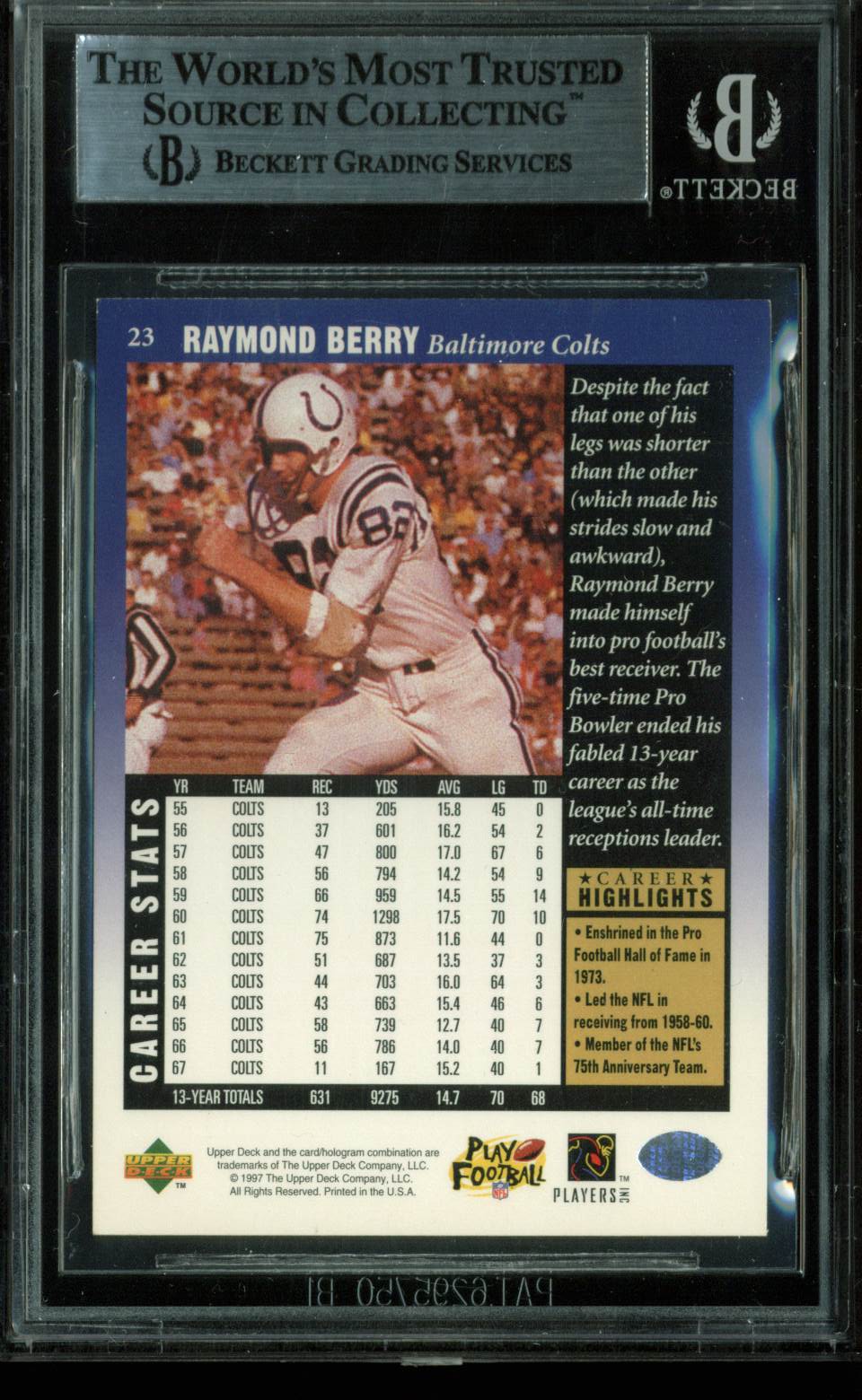 Colts Raymond Berry "HOF 73" Signed Card 1997 Upper Deck Legends #23 BAS Slabbed