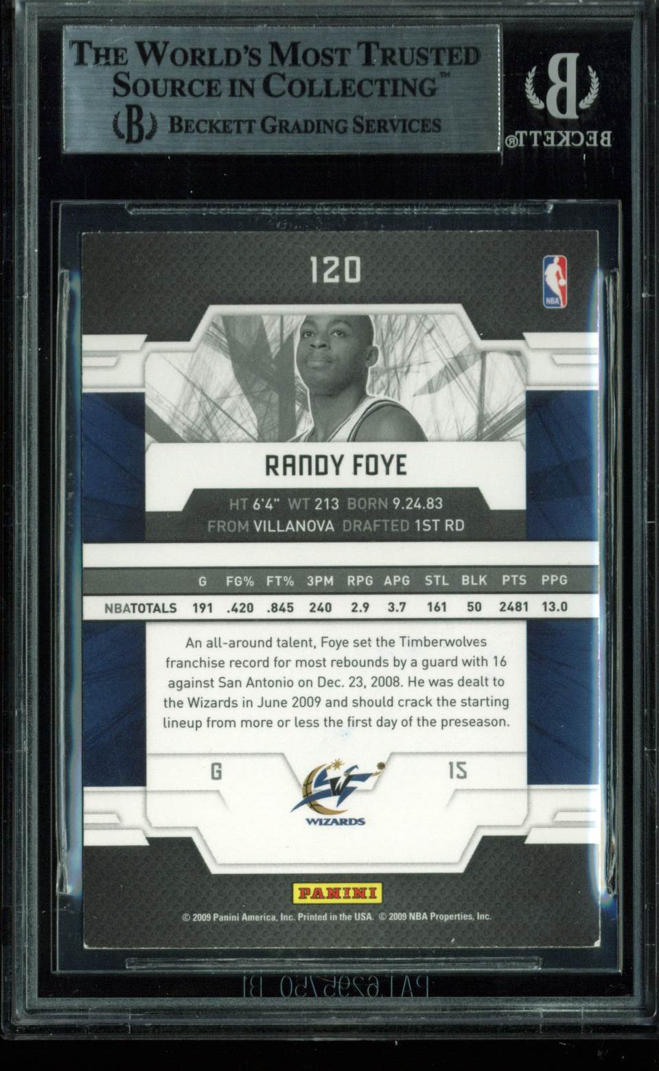 Wizards Randy Foye Authentic Signed Card 2009 Donruss Elite #120 BAS Slabbed