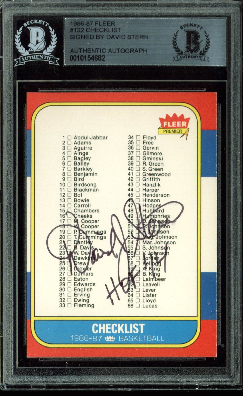 David Stern "HOF 14" Authentic Signed Card 1986 Fleer Checklist #132 BAS Slabbed