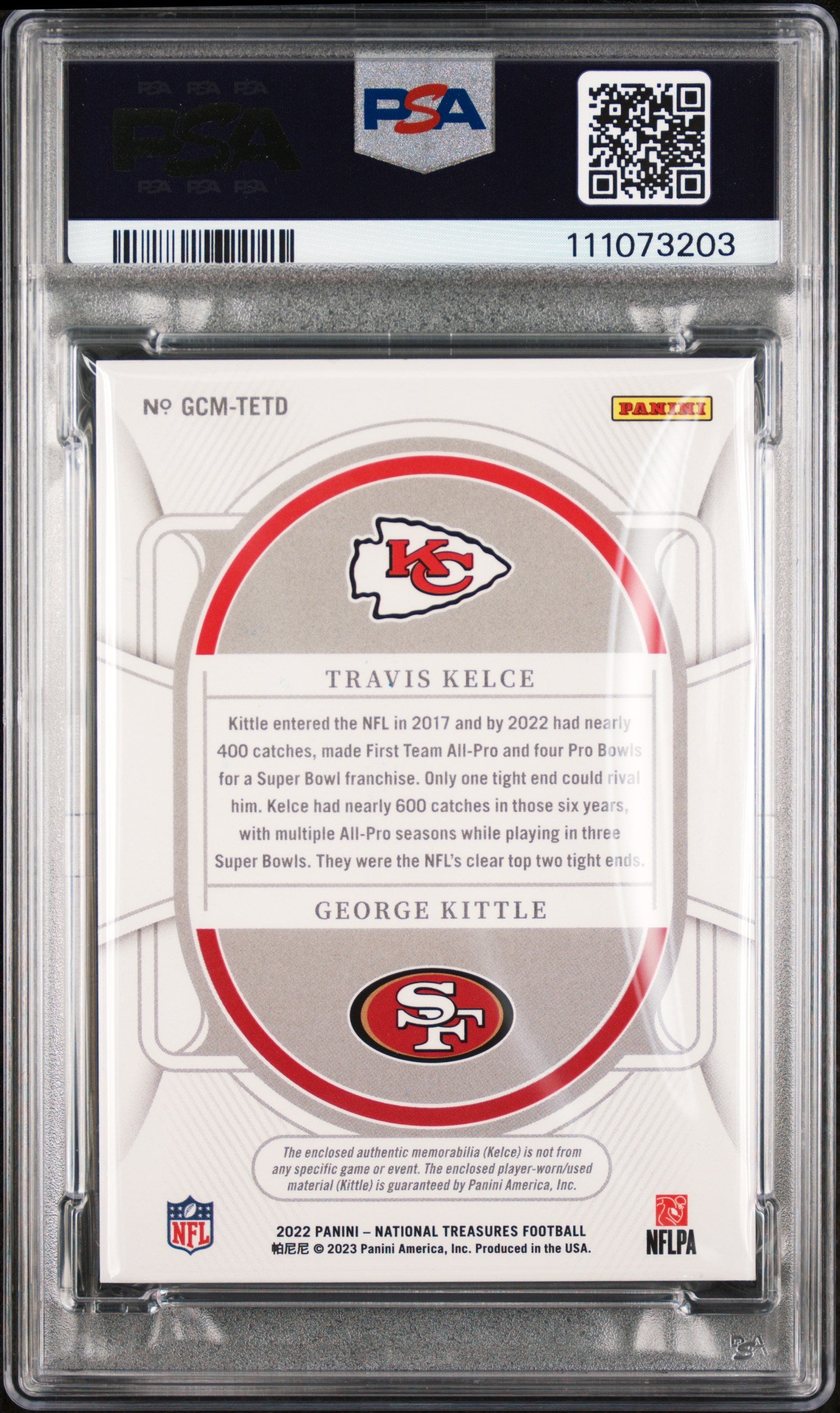 Travis Kelce & George Kittle Signed 2022 NT GC Mat #TETD Card Grade 9 PSA Slab 3